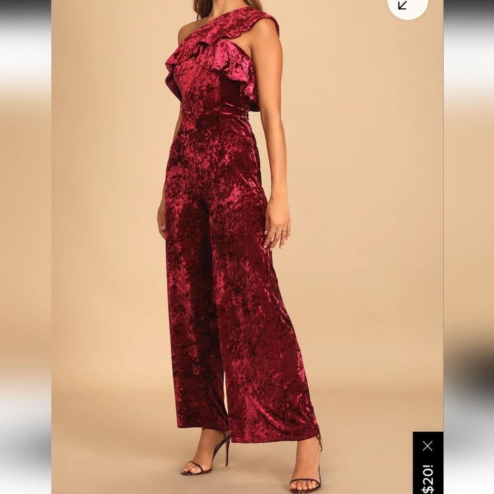 Lulus Womens Sophisticated Burgundy Velvet One Shoulder Jumpsuit Size XS - Picture 3 of 4